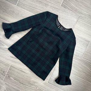 Black and Green Flannel Pattern Bell Sleeves Women’s Blouse